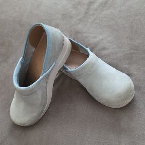 Dansko Light Gray Mules with Soft Blue Trim
